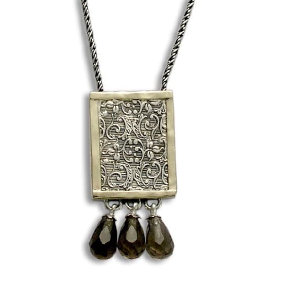 Silver Gold Necklace, Silver Filigree Necklace, Filigree Woodland Necklace, Smoky Quartz Briolette, Square Pendant- Revolving doors N4545