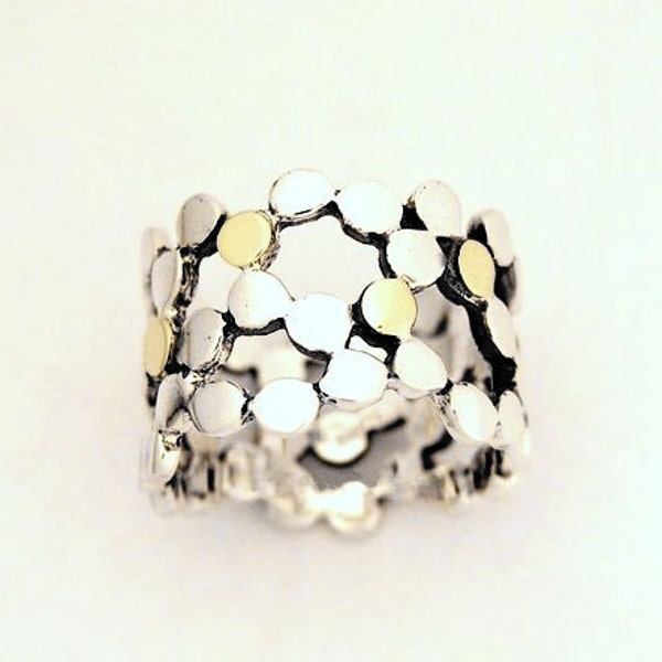 Sterling silver ring, wide ring, dotted ring, silver yellow gold ring, silver band, two toned ring, polka dot ring - Yet to discover R1176G