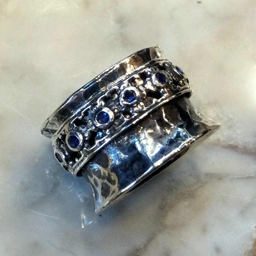Created Sapphire Ring Sterling Silver Size 6 - Vintage Tribal Bohemian Gypsy Style Jewelry, Gift Boxed