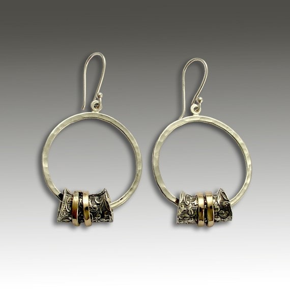 Sterling Silver Earrings, Gold Spinner Earrings, Circle Earrings, Round Silver Earrings, Hammered Earrings, Filigree - Deep in love E2180