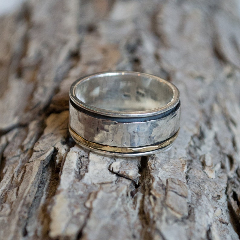 Rustic Mens wedding band, Wide Silver ring, silver rose gold ring, anxiety ring, spinner ring, meditation ring, Twotone band I Love R1149F image 4