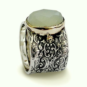 Wide ring, silver gold ring, jade ring, sterling silver ring, gemstone ring, oval jade ring, statement ring, filigree - Green sky R1625