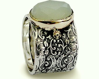 Jade ring, Wide ring, sterling silver ring, gemstone ring, silver gold ring, Oval stone ring, filigree ring, wide band - Green sky R1625