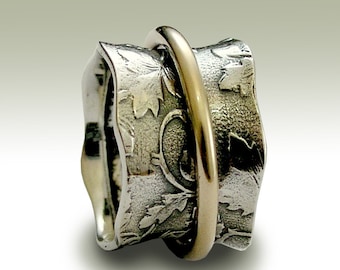 Spinner Ring, sterling silver ring, botanical band, yellow gold ring, meditation ring, leaves band, two tone - Nothing else matters, R1736A