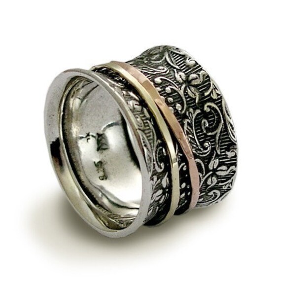 Silver Wedding Band, Sterling Silver Ring, Rose Yellow Gold