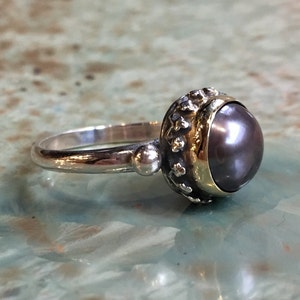 Black pearl ring, Engagement ring, simple ring, crown ring, Two tones ring, silver gold ring, organic ring, gypsy ring Calm spirit R2429 image 2