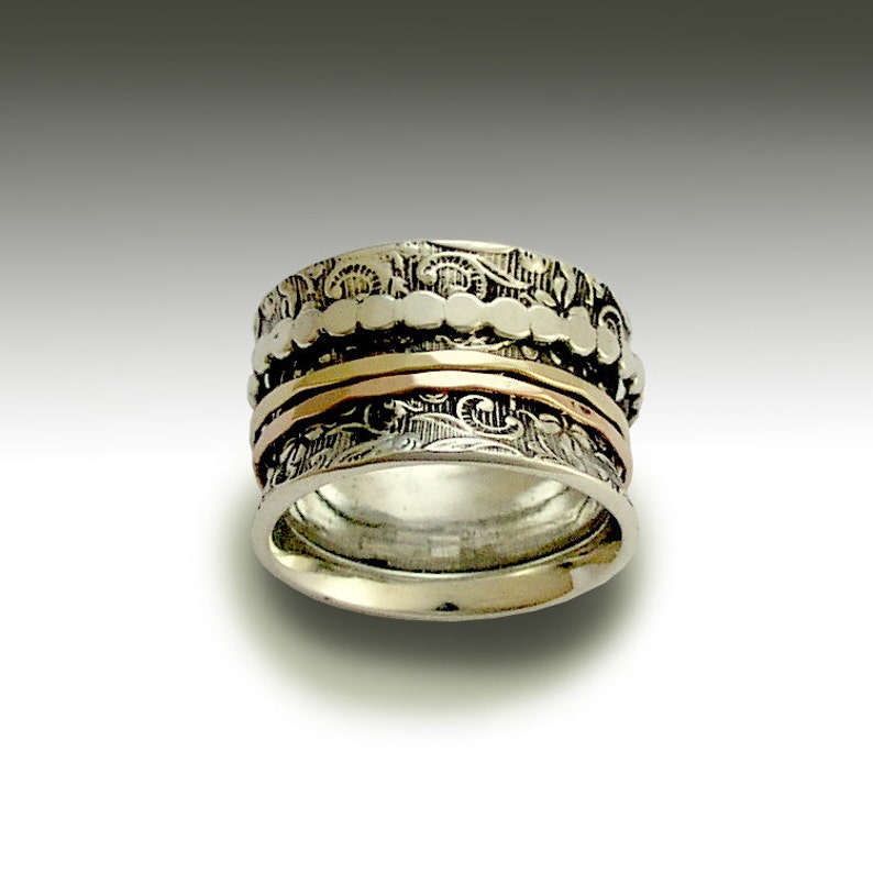 Stacking Ring Sterling Silver Band Shine R1209H Woodland Band Silver Gold Band Stacking Spinners Ring bohemian jewelry TwoTone Ring