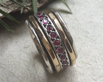 Spinner ring, Ruby ring, silver band, stacking spinner ring, Meditation Ring, wide silver ring, pink stones ring - Ruby Tuesday,  R1075L