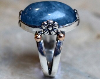Akvamarinring, blommig ring, silverring, cocktailring, mjölkig akvamarinring, ädelstensring, silverguldring - La Mer R2061