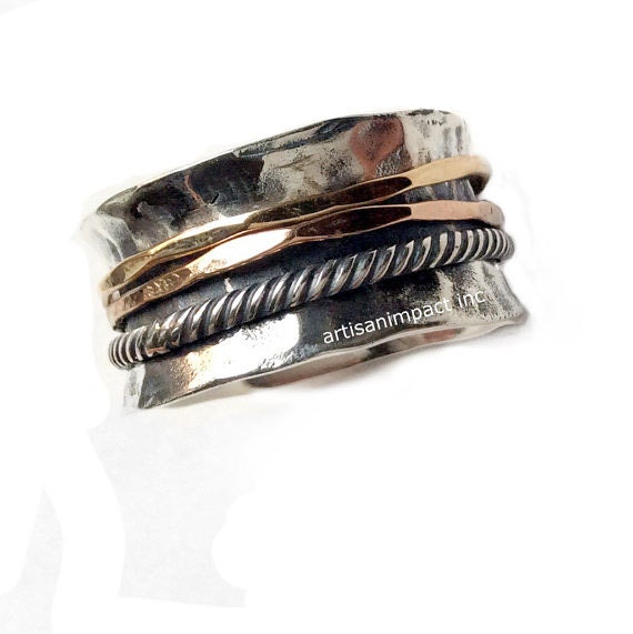 Sterling Silver Band, Hammered Silver Ring, Stacking, Silver Gold