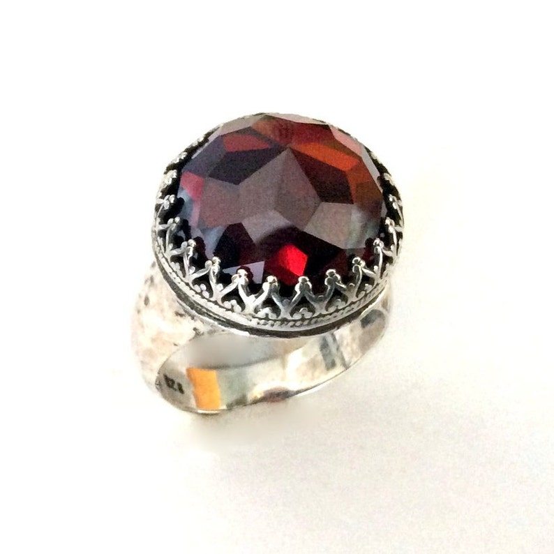 Garnet ring, gemstone ring, crown ring, sterling silver ring, statement ring, Bohemian jewelry, cocktail ring Point of imagination R2190 image 1