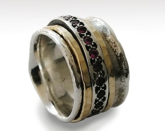 Spinnerring, Rubinring, Spinnerring, Silber Gold Ehering, Rubin Stapelringe, breiter Silberring, Spinnerring, Boho-Ring - Ruby PVCY, R1075L