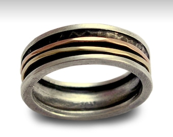Mens Wedding Band, Men Silver Ring, Silver Gold Ring, Gold Spinner Ring, Unisex Ring Band, Meditation - Walk with me R1079B
