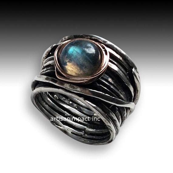 Labradorite ring, wide band, silver band, Promise ring, Sterling silver ring, twotone ring, nest ring, wire wrap band - Visions of you R2119