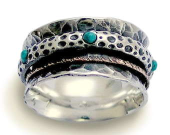 Silver spinner ring, Turquoise ring, silver gold ring, teal stone ring, meditation ring, stone ring, wide silver band - On the edge R1355
