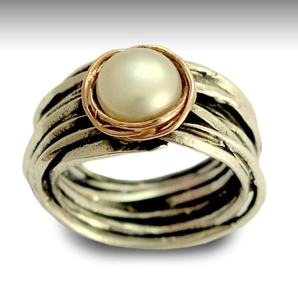 Engagement ring, Sterling silver ring, silver and rose gold ring, single pearl ring, June birthstone - Imagine life in peace R1504BG1