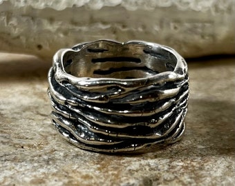 Mens rustic band, Wire wrap sterling silver ring, boho thumb ring, wide ring  - Loving you R2700