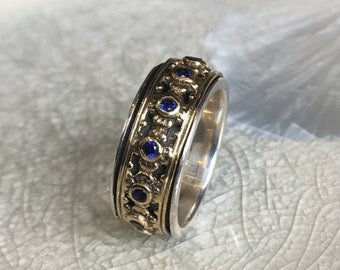 Spinner ring, Sapphires Ring, birthstones ring, meditation ring, two-tone wedding band, sterling silver gold band - New beginnings. R1149X