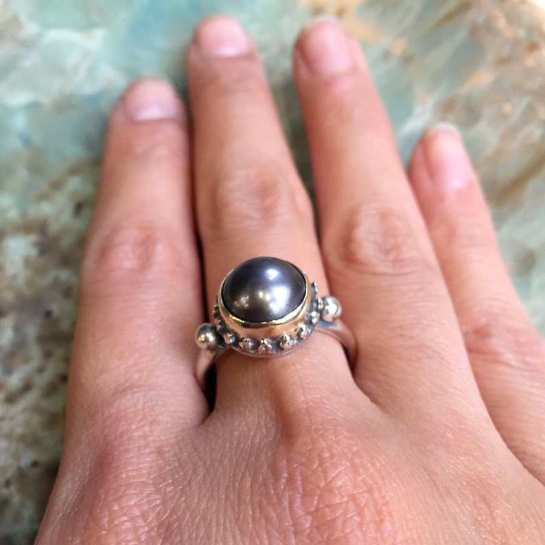 Black pearl ring, Engagement ring, simple ring, crown ring, Two tones ring, silver gold ring, organic ring, gypsy ring Calm spirit R2429 image 5