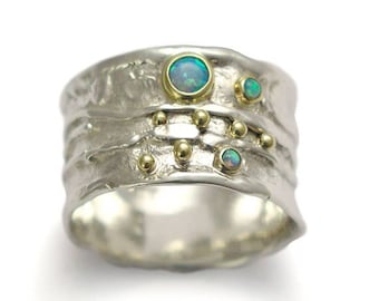 Blue opals band, Sterling silver band, gemstones band, silver yellow gold ring, two tones ring, organic ring, mothers ring -  Dreamy. R1077X