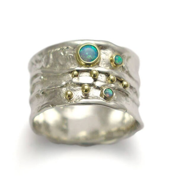 Blue opals band, Sterling silver band, gemstones band, silver yellow gold ring, two tones ring, organic ring, mothers ring -  Dreamy. R1077X