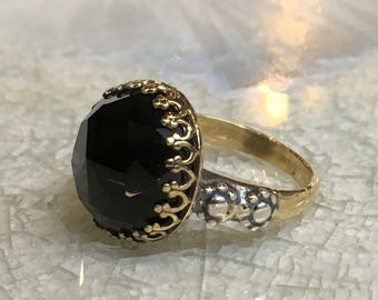 Onyx ring, gemstone ring, Crown ring, Golden brass Sterling silver ring, Silver gold ring, Boho jewelry, black ring - Dark shadow RK2561