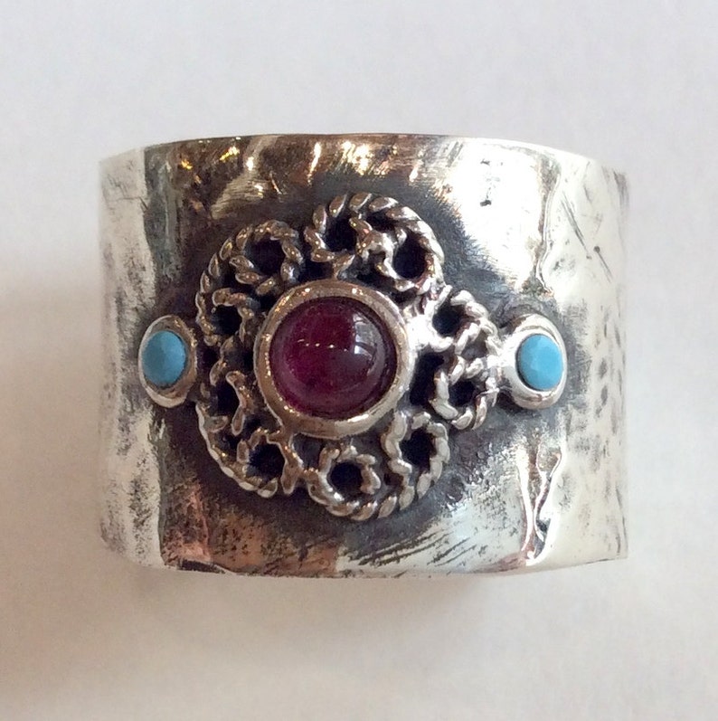 Sterling silver ring Just the two of us R2050 unique silver ring for her Gypsy ring garnet ring Boho ring turquoise ring flower ring
