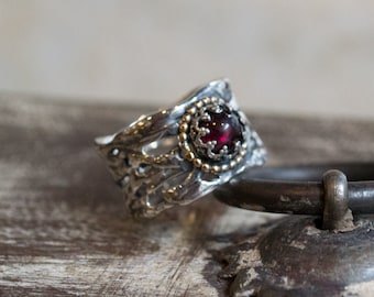 Garnet ring, Silver ring, braided silver ring, wide silver ring, boho ring, unique silver engagement ring, gypsy ring - On That Day R2257