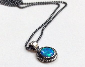 Opal gemstone necklace, Sterling silver necklace, chain with pendant, blue opal pendant, little pendant, ball chain - Close to me N2007-2