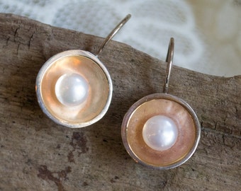 Pearl earrings, Gold bowl earrings, Fresh water pearl earrings, Silver gold earrings, Sterling silver earrings - Serenity. E2081G