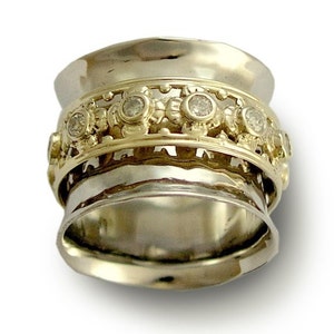 Wedding band, white gold ring, diamond ring, eternity band, yellow gold spinner, mixed metal ring, meditation ring New beginning RG1149XZ image 1