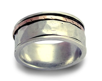 Fidget ring, Sterling silver ring, rose gold ring, unisex ring, spinner ring, meditation ring, wide ring, Men Two tones band - I Love R1149F