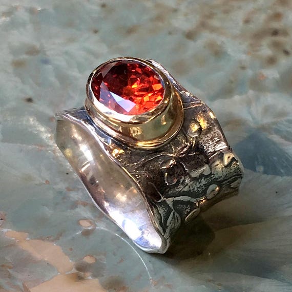 Orange Quartz Ring, Two Tones Ring, Sterling Silver Band, Vine