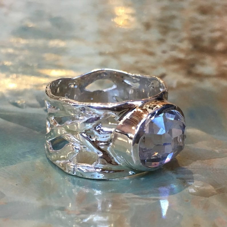 Bague En Argent Sterling Style Treillis Avec Grosse Pierre Centrale Transparente - Taille 6.5