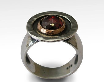 Garnet ring, Birthstone ring, Sterling silver ring, gemstone ring, silver gold ring, two tone ring, statement ring - Indian summer R1420