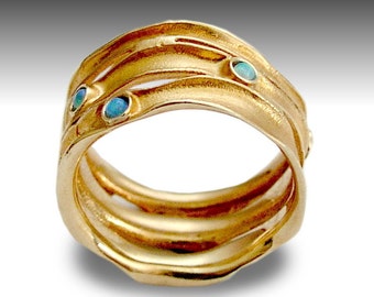 14k Rose Gold Band, Wide Wedding Ring, Engagement Band, Blue Opal Gemstones Band, Wide Gold Ring, Brushed Gold Ring - Rolling stones RG1020S