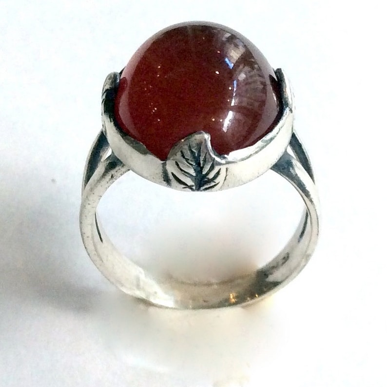Carnelian ring Four leaves R2056 Gypsy Ring oval gemstone ring statement ring cocktail ring leaf prongs ring Sterling silver ring