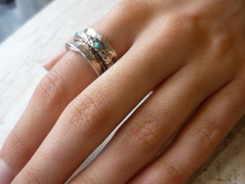 silver gold band Spinner ring turquoise ring yellow gold band Stacking rings two tones ring On the edge R1355 Sterling silver ring