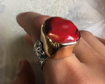 Raw Red coral ring, raw gemstone ring, Raw gemstone jewelry, statement boho ring, silver gold ring, raw stone ring - Passionate as sin R2608