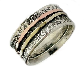 yellow and rose gold bands, Wedding band, Sterling silver band, filigree band, stacking spinner ring, two tone ring - Ghost of my joy R1733A