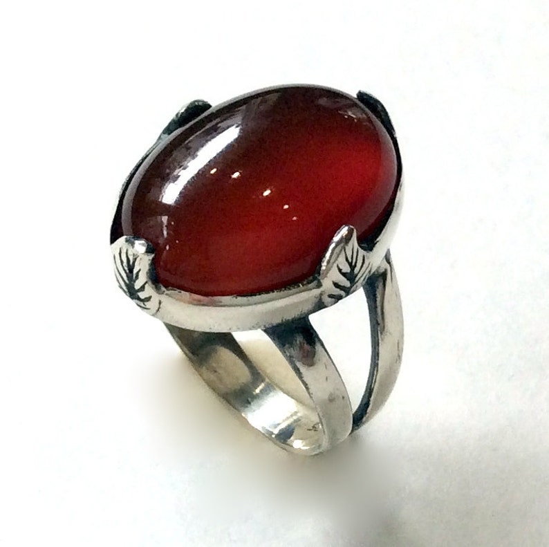 Carnelian ring Four leaves R2056 Gypsy Ring oval gemstone ring statement ring cocktail ring leaf prongs ring Sterling silver ring