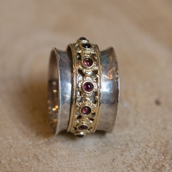 Spinner Ring, Spinner Ring, Granat Ring, Januar Geburtsstein Ring, Fidget Ring, Floral Ring, Silber Gold Ring - Neue Anfänge 2 R1149XZ