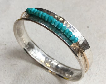 Spinner Bangle, Sterling Silver Bangle, Turquoise Bangle, Spinning Bangle, Two tones bangle, beaded bracelet, bohemian - Full circle B3017