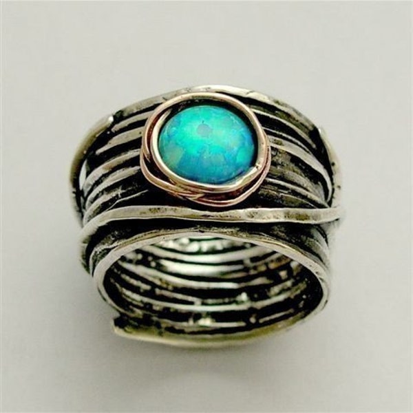 Special gift for her • Opal ring • Silver rose gold ring • Wire wrap Statement ring • Blue Gemstone ring - Imagine life in peace 2 R1505G