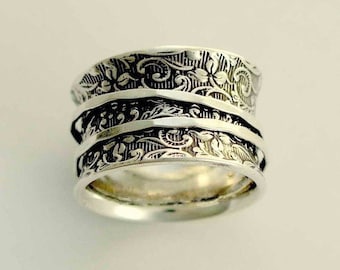 Bracelet de mariage en argent, bracelet en argent sterling, bague de spinners, large bande d’argent, bague en filigrane d’argent, bagues empilables - Un mode de vie 2, R1209AS