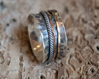 Rustic silver band, Hammered silver band, stacking bands, silver gold ring, spinners ring, wedding band, twotone ring - Glory of love R2099