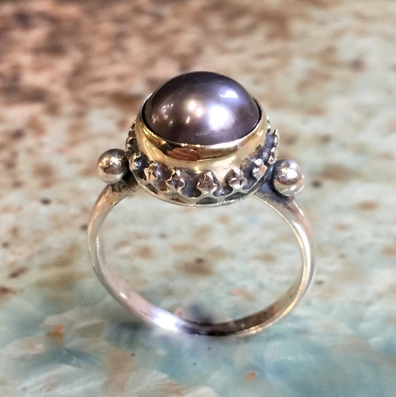 Black pearl ring, Engagement ring, simple ring, crown ring, Two tones ring, silver gold ring, organic ring, gypsy ring Calm spirit R2429 image 4