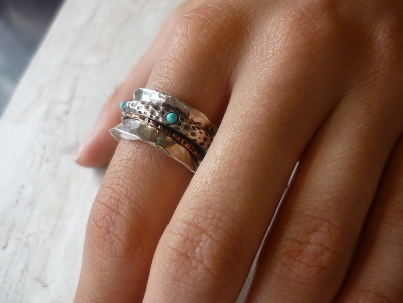 silver gold band Spinner ring turquoise ring yellow gold band Stacking rings two tones ring On the edge R1355 Sterling silver ring