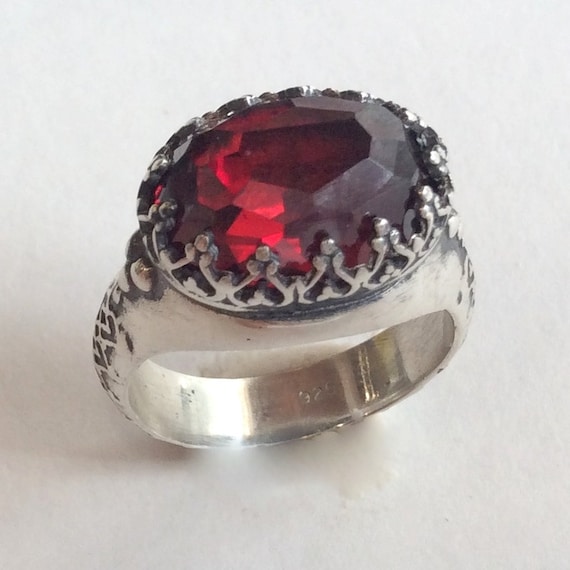 Silver Ring, Gemstone ring, Garnet Ring, Red Stone Ring, crown Ring, boho Ring, oxidized silver ring, engagement ring - I believe. R2052
