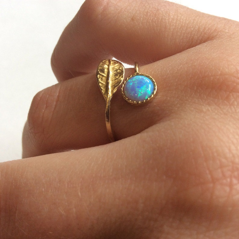 Botanical ring, opal ring, leaf ring, Golden brass ring, adjustable ring, gemstone ring, stacking dainty ring Gone with the wind RK2062-1 image 1